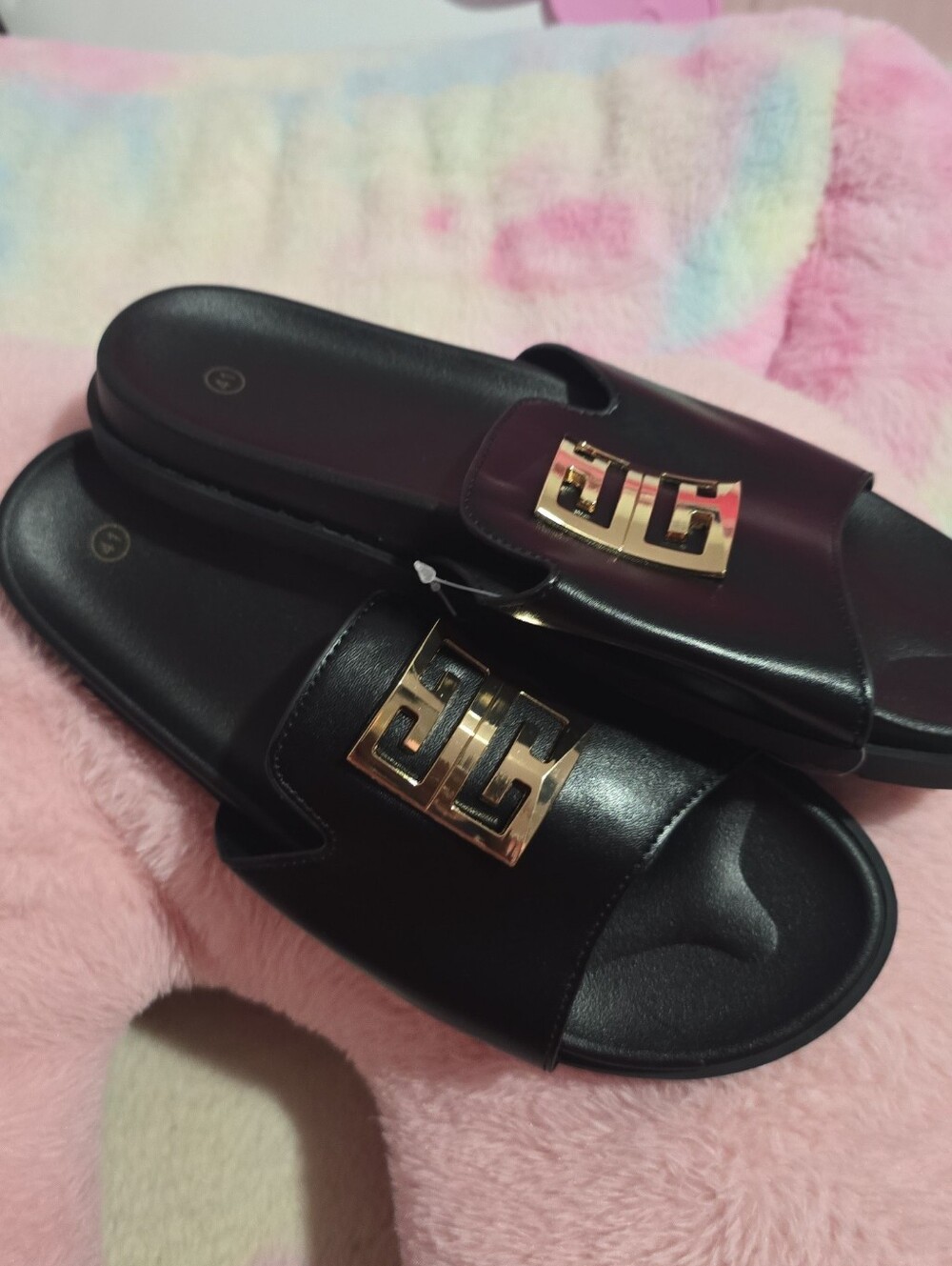 Black Slide Sandals with Gold Accent - Women